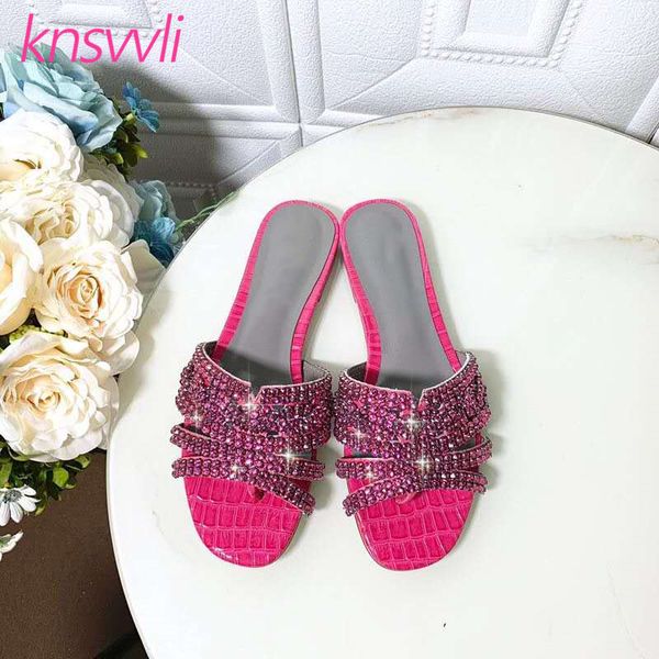 

rhinestone flat slippers women crystal chain flip flops ladies mules runway summer sandals designer glitter shoes woman slides, Black