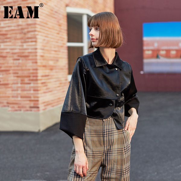 

eam] loose fit black asymmetrical pu leather jacket new lapel long sleeve women coat fashion tide autumn winter 2019 1h079, Black;brown