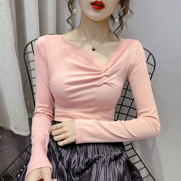 

t shirt women soild long sleeve v neck t-shirt soft cotton vogue slim korean style shirts femme tee tshirt, White
