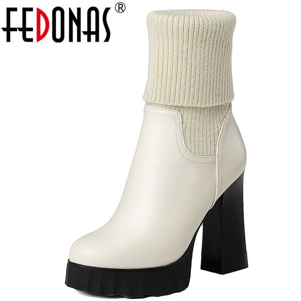 

fedonas punk women mid-calf high boots high heels warm autumn winter ladies shoes woman platforms genuine leather boots, Black