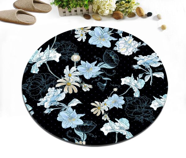 

dreamy blue flowers in black backdrop round children's room floor cushion bedroom area rugs bathroom non-slip carpets door mat