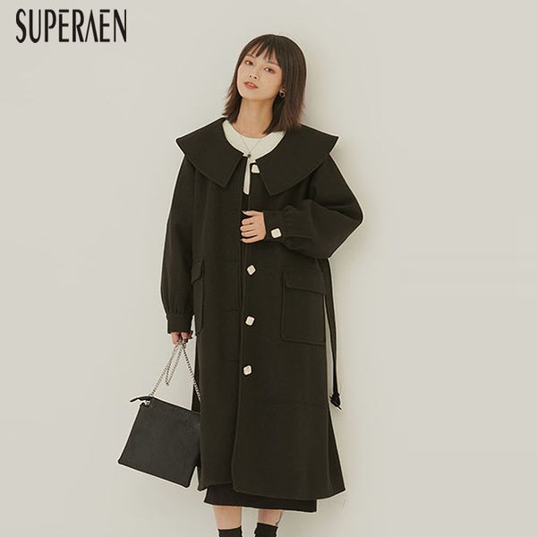 

superaen fashion woolen coat female 2019 new autumn and winter wild casual fashion women woolen coat wild casual women clothing, Black