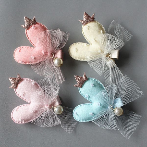

2pcs/lot heart hairpin modish girls gauze kid hair clip bowknot children pom bowknot hair korean hairpin with pearls, Slivery;white