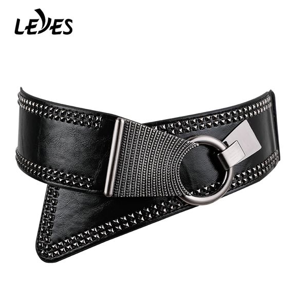

vintage punk belt for women ring buckle rivet decorative retro leather belts decorative rivet wide elastic waist strap, Black;brown