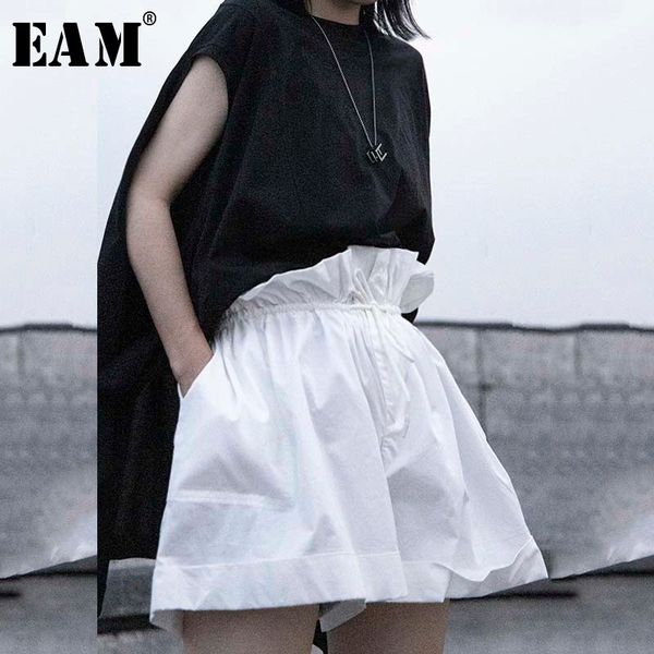 

women's shorts [eam] women pwhite drawstring ruffles split wide leg high waist loose fit trousers fashion tide spring summer 2021, White;black