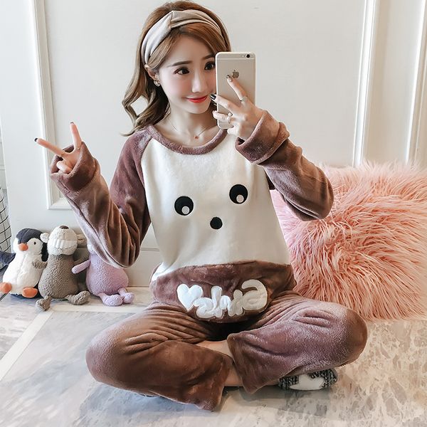 

autumn winter 2018 women pyjamas long set loose leisure thicken warm flannel pajamas sets nightshirt sleepwear for women, Blue;gray