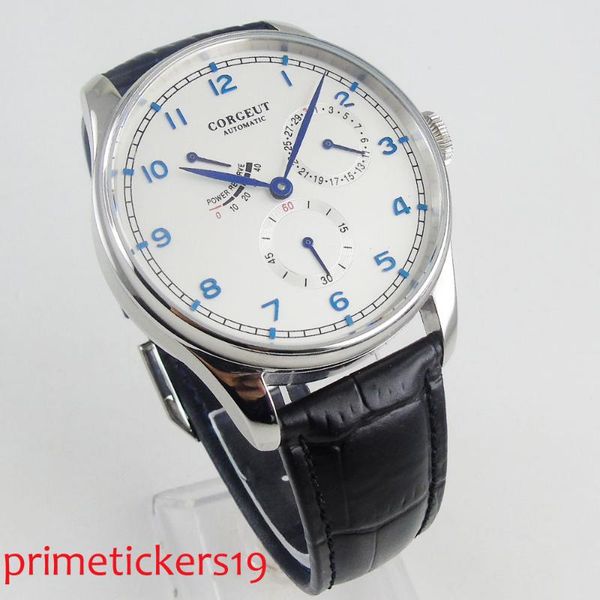 

corgeut new arrival 42mm power reserve date indicator leather strap automatic men wristwatch st 1780 movement, Slivery;brown