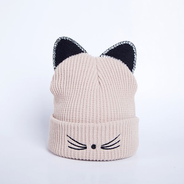 

knitted acrylic warm winter beanie caps cat ears hat women hat crochet rhinestone 2019 new beanies for ladies, Blue;gray