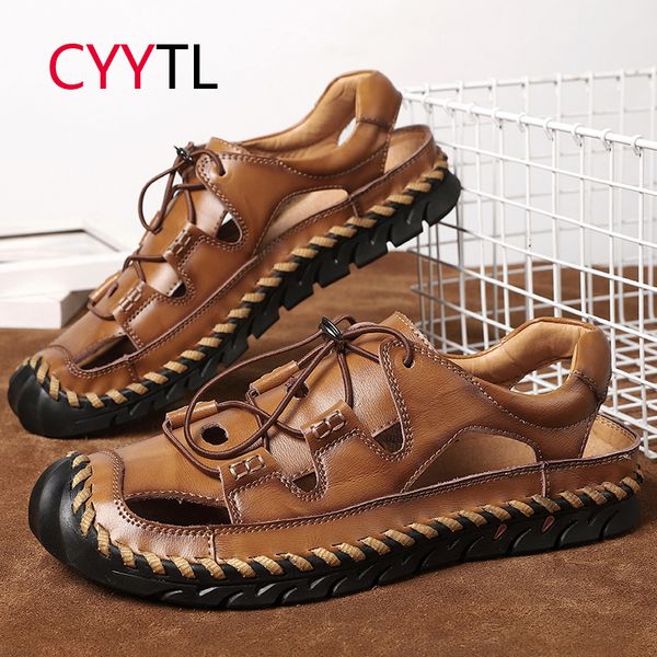 

cyytl casual lace-up men sandals summer outdoor beach shoes sewing comfortable protect toes leather slippers male sandalias, Black