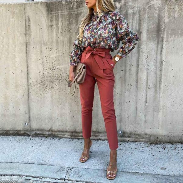 

2020 new women's pencil trousers casual office pencil trousers bow knot belt slim stretch pants fashion palazzo pants aw5, Black;white