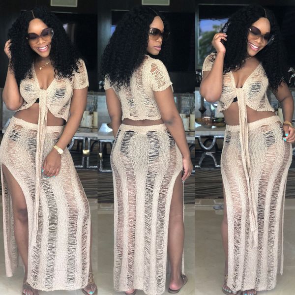 

women see through hollow out beach bikini 2 piece set off shoulder short sleeve tie front crop high split skirt, White