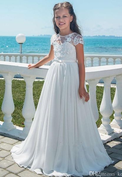 Weiße Chiffon Blumenmädchen Kleider Brautjungfernparty Festzug Kleider A-Line Lace Girls Festzugskleider weiß erster Kommunionkleid