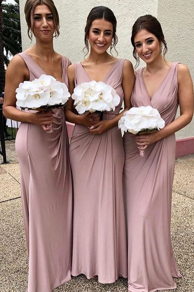 

deep v neck satin mermaid long bridesmaid dresses sleeveless ruched floor length wedding guest maid of honor evening dresses bm0342, White;pink