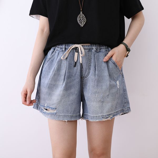 

denim pants women solid color hole 2020 summer new pants female shorts slimming fashion loose elastic waist women shorts, Blue