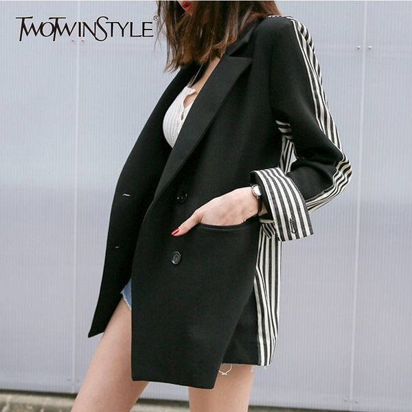 

twotwinstyle striped blazer for female patchwork long sleeve double breasted women's jacket autumn fashion clothing casual, White;black