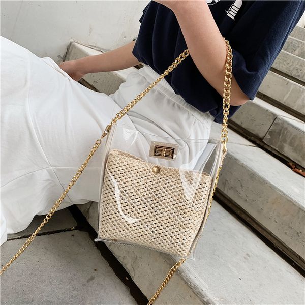 

jiulin 2019 the new transparent bag handbag single shoulder slanted small bag woven mother 100 transparent jelly girl