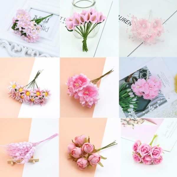 

6/10/12pcs mixed pink mini artificial plant flower cherry stamen berries bundle diy christmas wedding cake gift box wreath decor