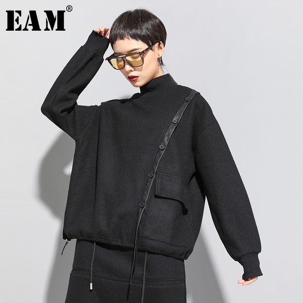

eam] loose fit black button split joint oversized sweatshirt new turtleneck long sleeve women big size fashion tide spring 2020