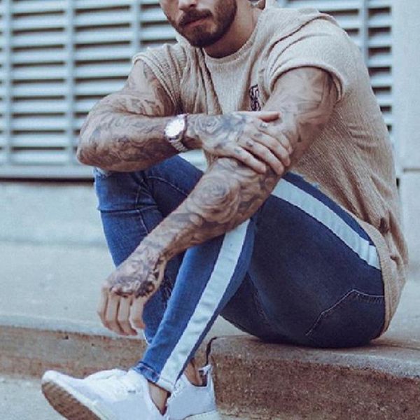 

heflashor fashion men's skinny jeans side stripe zipper distressed jeans men hip hop casual ripped men streetwear 3xl, Blue