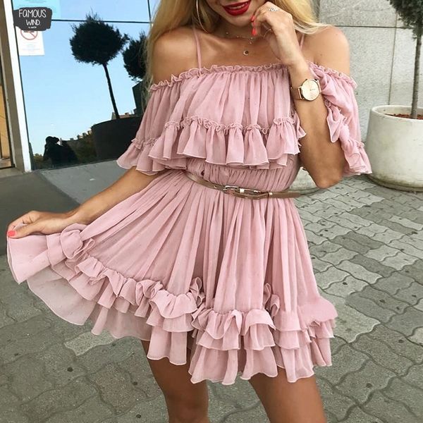 

shoulder strap chiffon summer dresses women ruffle casual dresses pleated short mini dress pink elegant loose beach dress designer clothes, Black;gray