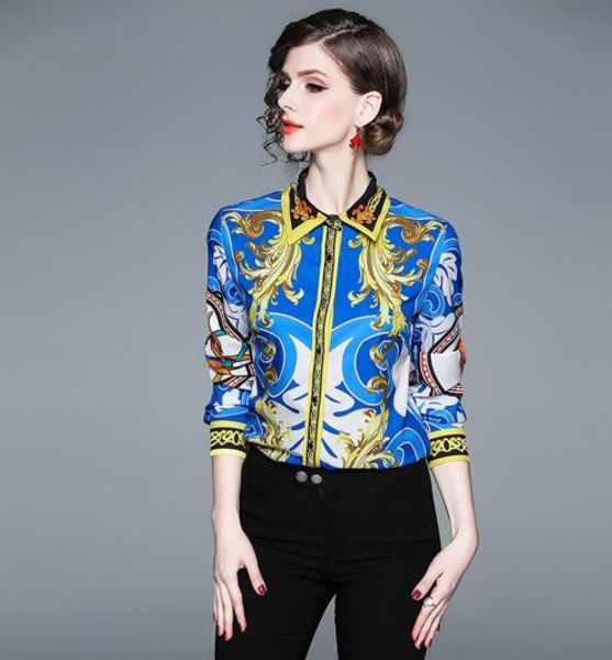 

women's european new fashion print slim long sleeve joker lapel shirteuropean women's blouse fashion printed shirt women's l, White