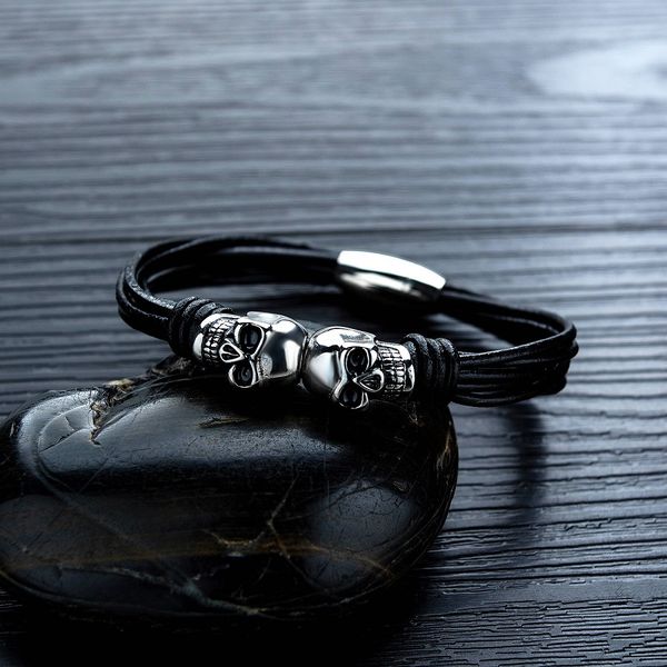 

fashion jewelry mens charm braid multilayer leather skull bracelet finding stainless steel magnetic buckle design punk bracelets for men, Golden;silver