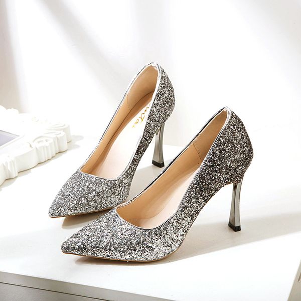 

women luxury glitter prom shoes silver rose gold heels stiletto pumps female bridal wedding banquet shoes w32-42, Black