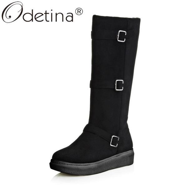 

odetina women fashion faux suede thick mid heel long boots ladies round toe platform buckle strap side zipper knee high boots, Black