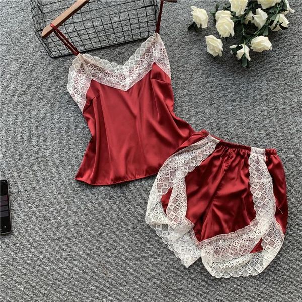 

lace spaghetti strap women pajama set breathable soft lingerie, Black;red