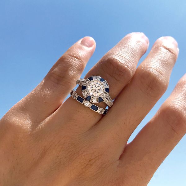 

2020 new fashion blue stone zircon rings set for women girls euramerican female simple geometric design engagement wedding rings, Golden;silver