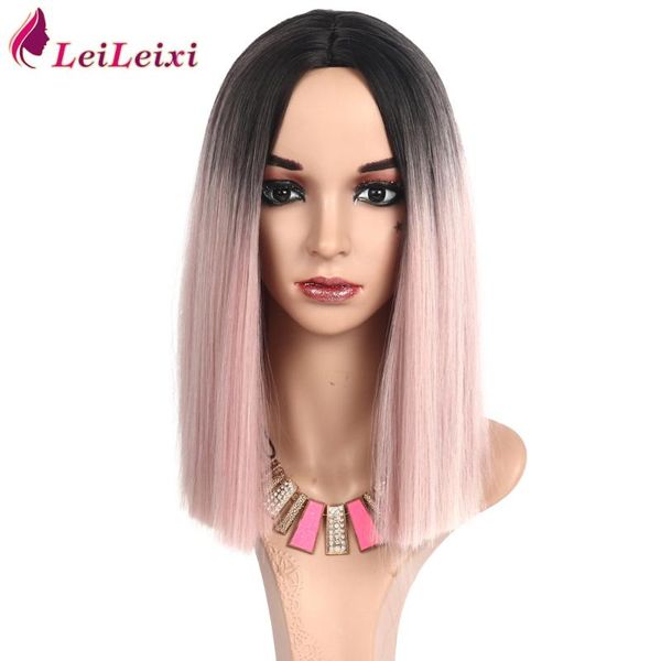 

short bob wigs ombre pink synthetic hair wigs for women middle part daily party replace wig heat resistant fiber, Black