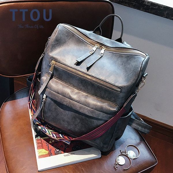 

ttou women pu leather backpack students school bag large multifunction travel bags mochila vintage backpack t200602