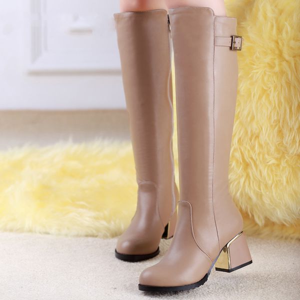 

ladies knee high boots women thick high heels shoes woman winter boots zipper buckle strap footwear, Black