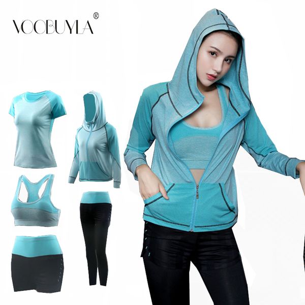 

voobuyla yoga suits women gym clothes fitness running tracksuit sports bra++tight pants+yoga shorts/t-shirts+coat 3/4/5piece set, Black;blue