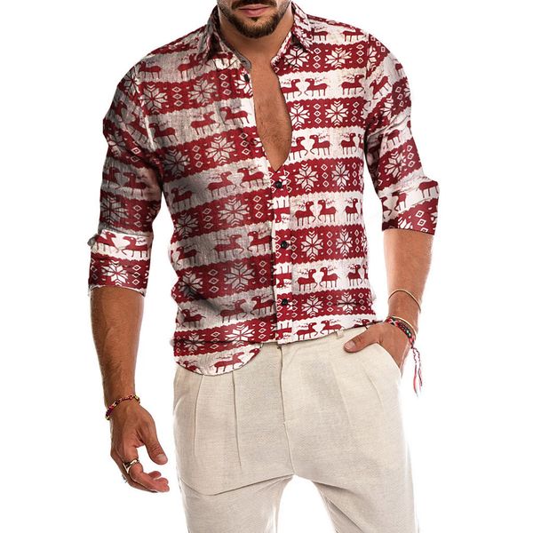 

christmas custom version mens shirt imitation cotton linen printed shirts casual long sleeve beach loose male blouse, White;black