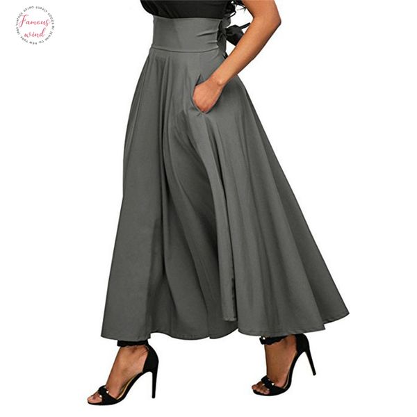 

2019 summer trend skirts with pocket ankle length vintage skirt for women black gray wine red long skirt