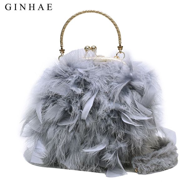 

real fur feather bag women clutch chain evening bag ladies wedding party sac mini small crossbody bags for women 2019 winter