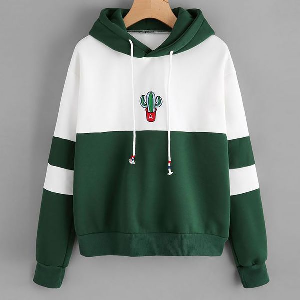 

women autumn loose cactus print splice long sleeve sweatshirt pullover hoodie fabala casual hooded, Black