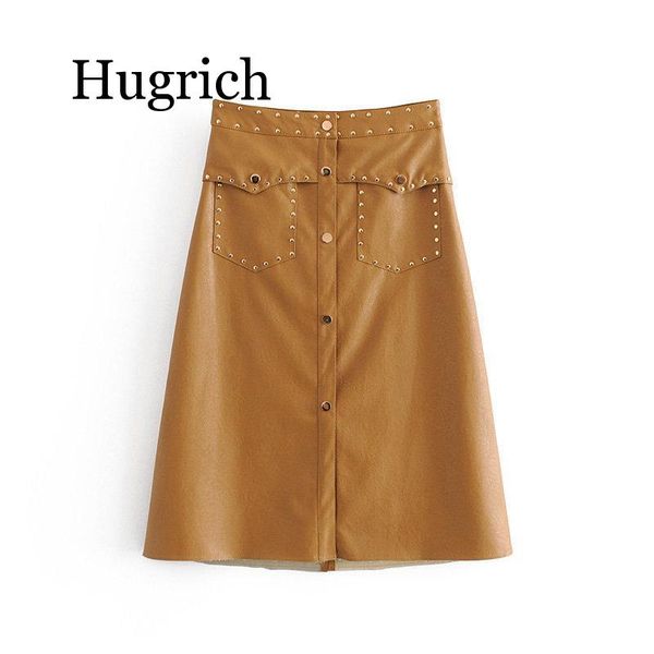 

a-line solid pu leather skirt high waist rivet fashion skirts knee length pockets button stylish faldas mujer 2019, Black