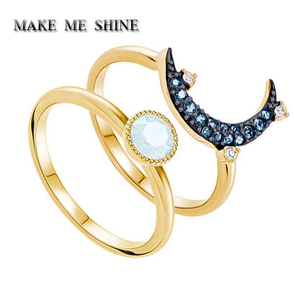 

swa stacking mysterious moon double ring female jewelry ring set elegant crystal party girlfriend birthday gift, Golden;silver
