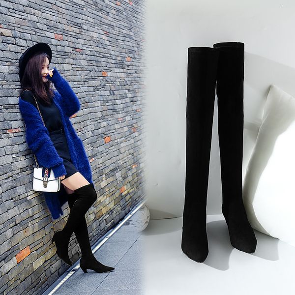 

boots shoes woman platform boots heels winter shoes 2019 long overknee elastic woman high, Black