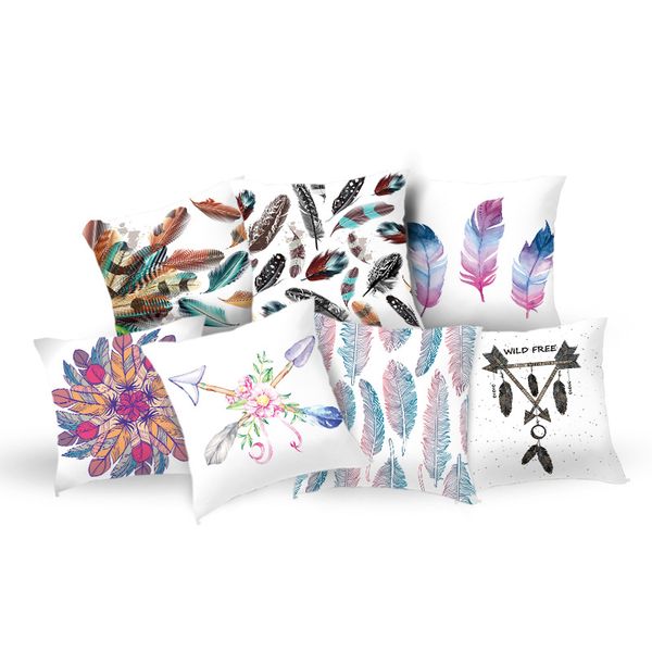 

lychee ethnic style feather print pillowcases colorful polyester peachskin 45x45cm decorative pillow cover for home office pillow case