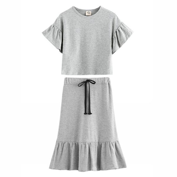 

3 to 12 years kids & big girls summer cotton casual t-shirt with ruffle skirts two pieces set children fashion black gray sets, White
