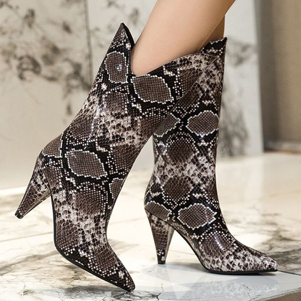 

large size pointed toe women boots snake print winter boots for women high heels, Black
