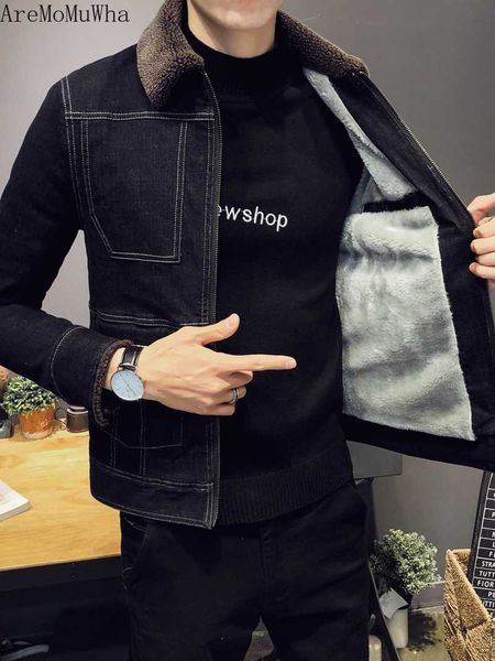 

aremomuwha winter plus velvet denim jacket men's korean version of the slim thickening jacket lamb hair lapel trend winter coat, Black