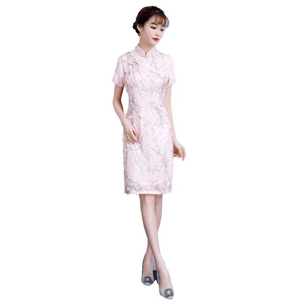 

pink new lace women vintage short cheongsam novelty chinese style mandarin collar dress ladies slim qipao plus size s-4xl, Black;gray