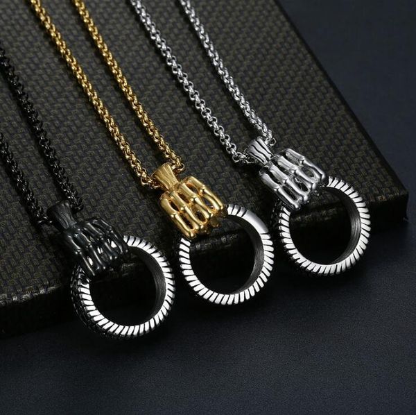 

new personality trendy men fashion retro skull hand ring pendant hip hop wild stainless steel men's necklace nightclub accessories, Silver