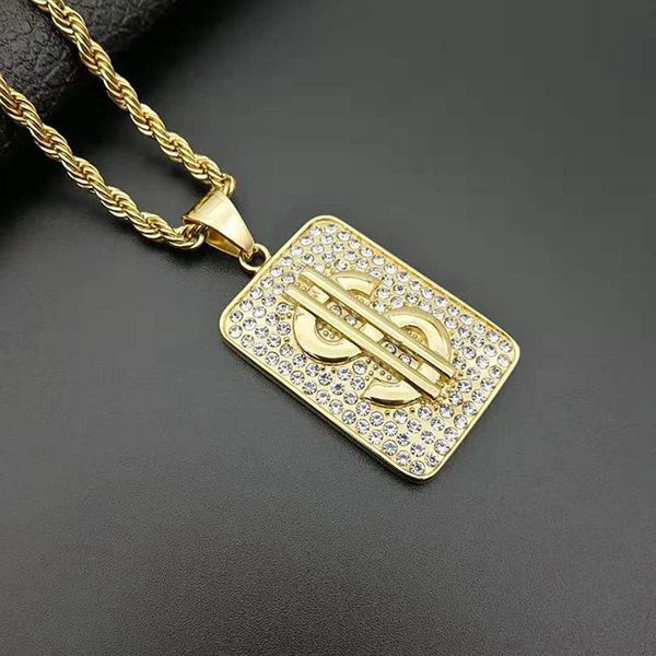 

hip hop rhinestones paved bling iced out stainless steel dollar money sign sqaure pendants necklaces for men rapper jewelry, Silver