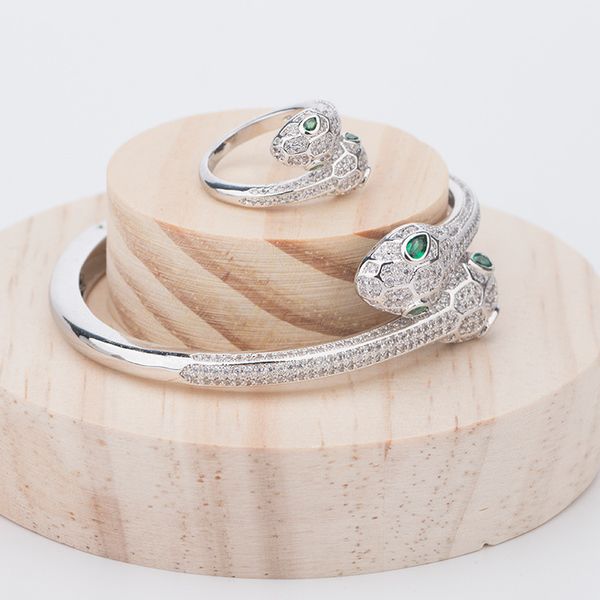 

new fashion brand jewelry sets lady brass full diamond green eyes double heads snake serpent 18k gold bracelets rings sets (1sets), Silver