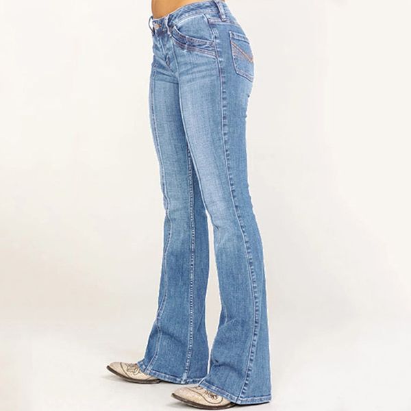 

western style straight type women mid waisted denim mom jeans embroidery stretch button flare pants jeans simple pants for women, Blue